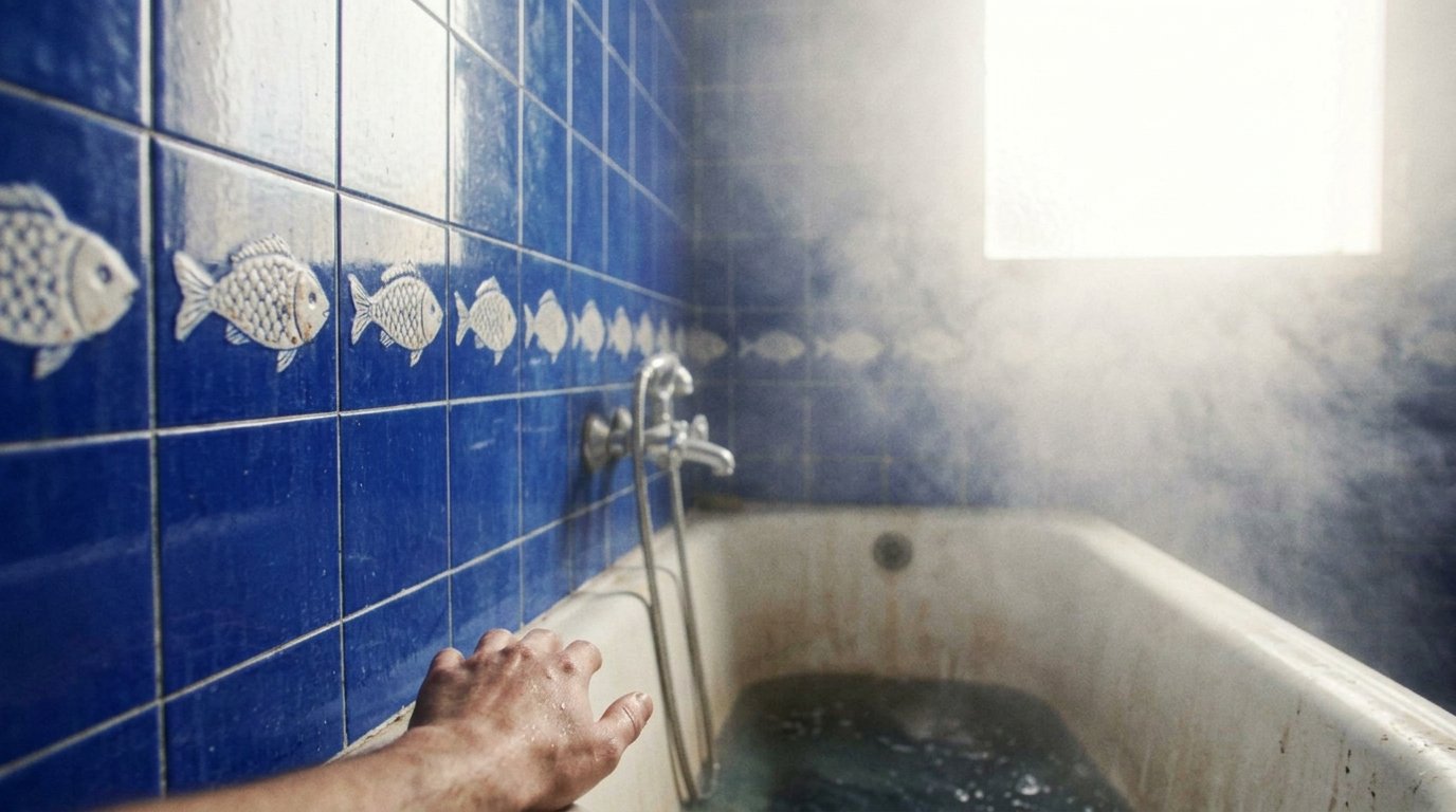 Fotograma de Gorrión: un baño de azulejos azules con peces y una bañera llena de vapor